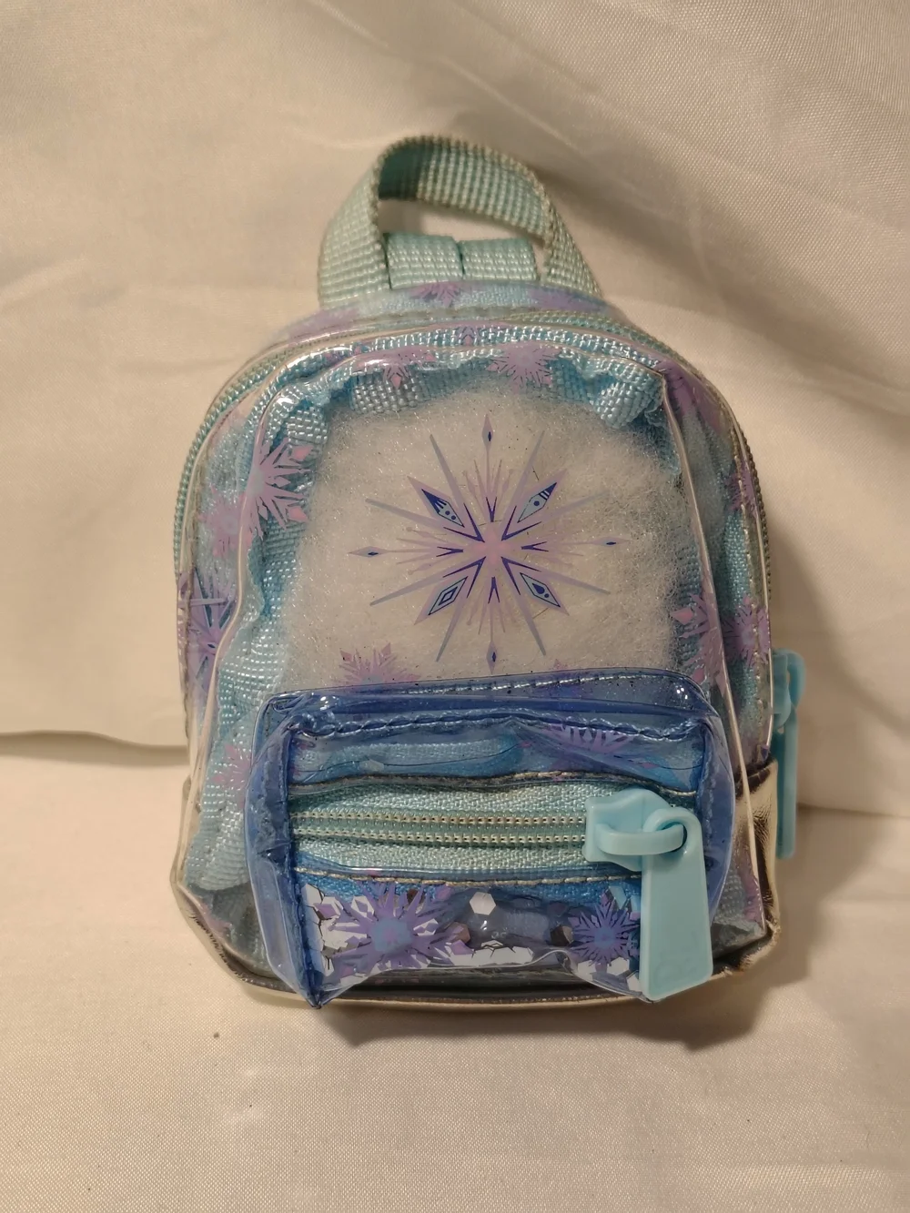 Children's Mini Backpack Purse in Light Blue with Purple Snowflake Design